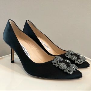 SOLD * Manolo Blahnik HANGISI Black Satin Jewel Buckle Pumps